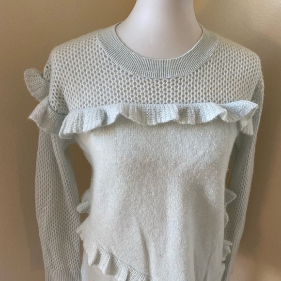 White & Warren women’s Ruffle Cashmere Sweater Size S/M Light Teal Crewneck - Picture 4 of 6
